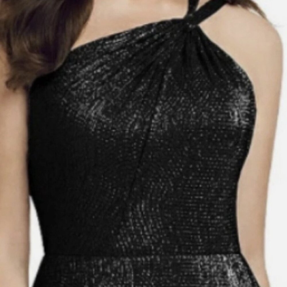 One-Shoulder Twist Metallic Trumpet Gown – Black, Size 6